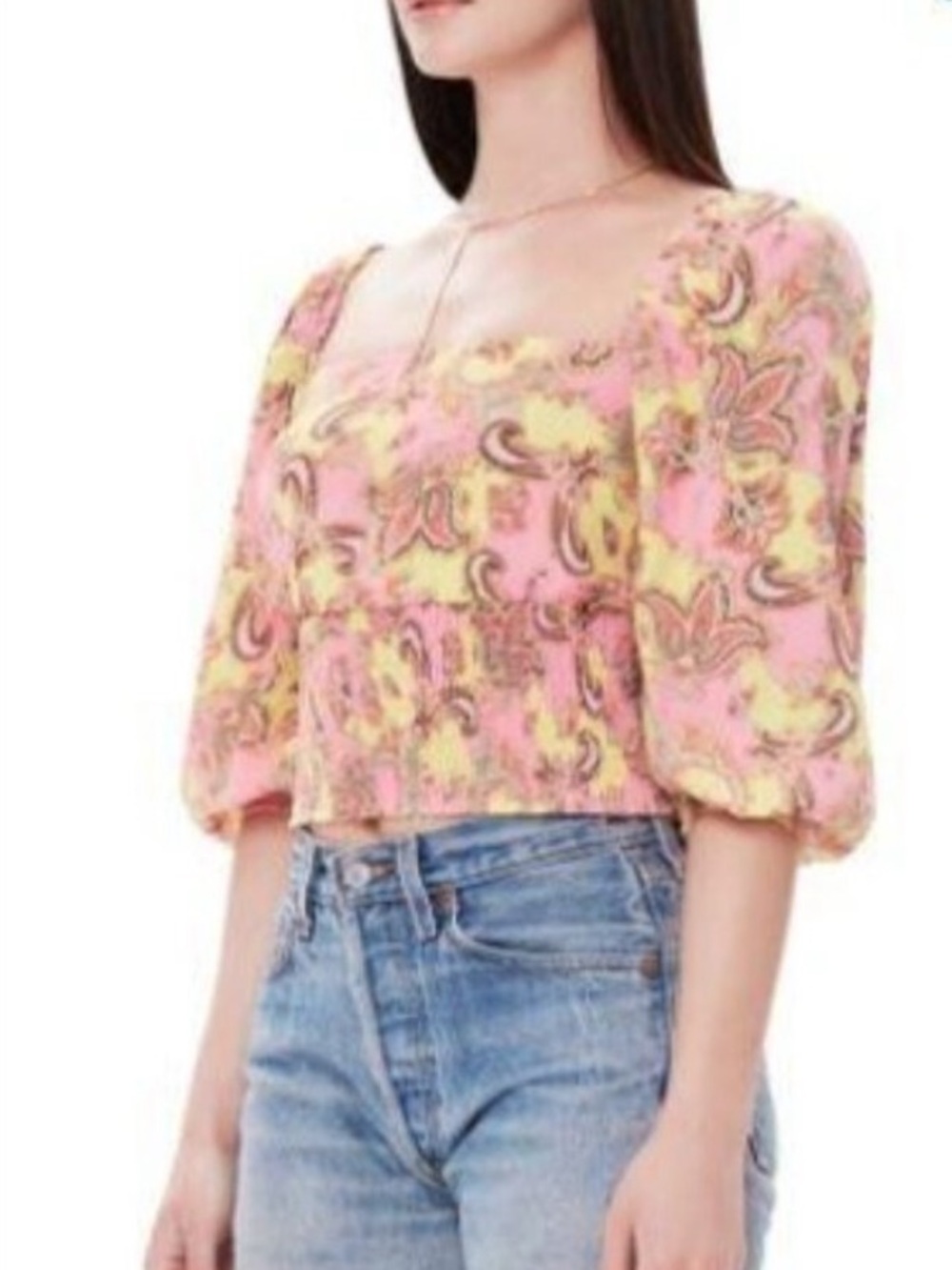 AFRM 3/4 Sleeve Smocked Crop Top with Button Back yellow/pink paisley print Sz S - Picture 6 of 9